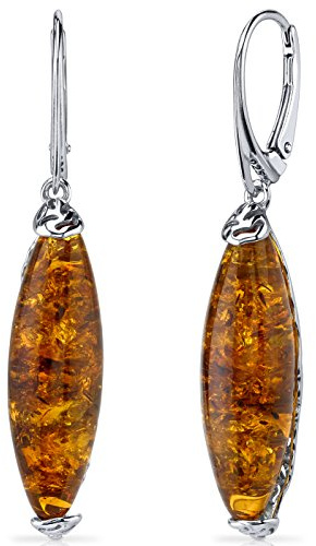 Peora Genuine Baltic Amber Drop Earrings 925 Sterling Silver, Rich Cognac Color, Designer Gallery Marquise Shape, Lever Backs, Real Baltic Amber Earrings for Adults, 100% Natural from Baltic Region