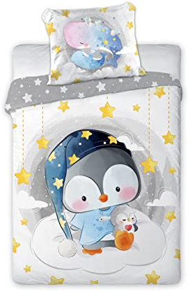 Arle-Living 3 TLG. Baby Kinder Bettwäsche Set - Pinguin Schlafmütze - 100x135 cm + 40x60 cm + 1 Spannbettlaken in weiß 60x120-70x140 cm -100% Baumwolle