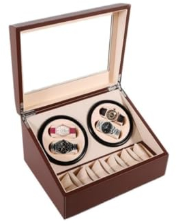 MINUS ONE Uhrendreher Uhrenbox, Automatische Uhrenbeweger Box 100-240V Uhrenbeweger für 4 Automatikuhren + 6 Gitter Uhrenspeichergehäuse Leiser Motor Braun