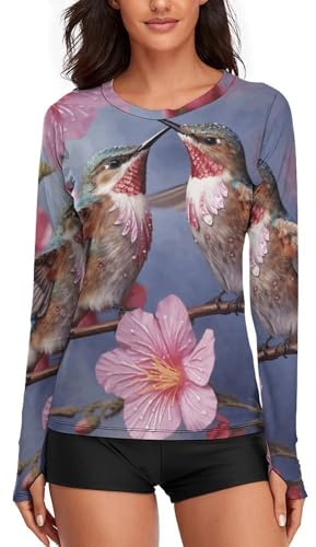 Humming Birds with Pink Rash Guard for Women UPF 50+ UV Protection Long Sleeve Workout Tops Dry Fit Hiking Shirt M