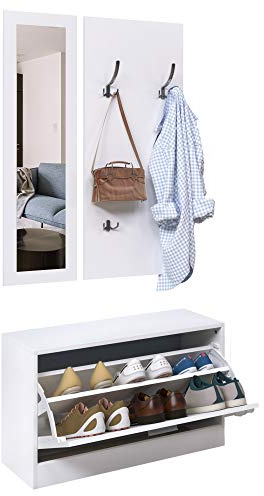 HOMCOM Conjunto de Muebles de Entrada Recibidor Pasillo Set de 3 Piezas Zapatero Espejo Perchero con 4 Ganchos para Colgar Ropa 80x27x46,5cm Blanco