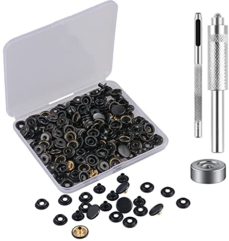 10 Sets Press Studs Cap Button, MSDADA Stainless Steel Snap Fasteners Kit with Hand Fixing Tools, Instant Metal Buttons No-Sew Clips Snap for Bags, Jeans, Clothes, Fabric, Leather Craft (Black)