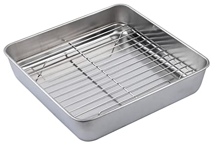 Backblech 24×24cm, Backblech mit Abkühlgitter, Backbleche Ofenblech Edelstahl, 5cm Tiefes Ofenform Fettpfann Antihaft Kekspfanne Kuchenblech Ofenschale Backofen Tablett zum Backen Braten Servieren