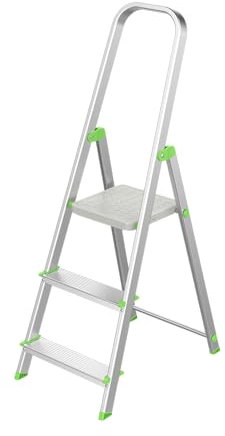 Keroppa, Escalera de Tijera Plegable, Marca Española. Escalera de Aluminio, 3 peldaños, con Gancho de Pared, Multiusos, Antideslizante, Ligera y Resistente, Escalera Doméstica, Fácil Transporte