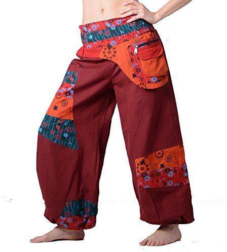 Kunst und Magie Bunte Hippiehose aus Baumwolle Ibiza Strandhose Wellnesshose, Größe:4XL, Farbe:Rot