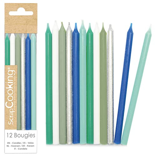 ScrapCooking - 12 Bougies Longues Bleues Vertes & Argent - Bougies Argentées Bleu Vert Blanc pour Gâteau Anniversaire - Décoration Enfant Adulte - En Paraffine avec Pics - Fête Pâtisserie - 0360