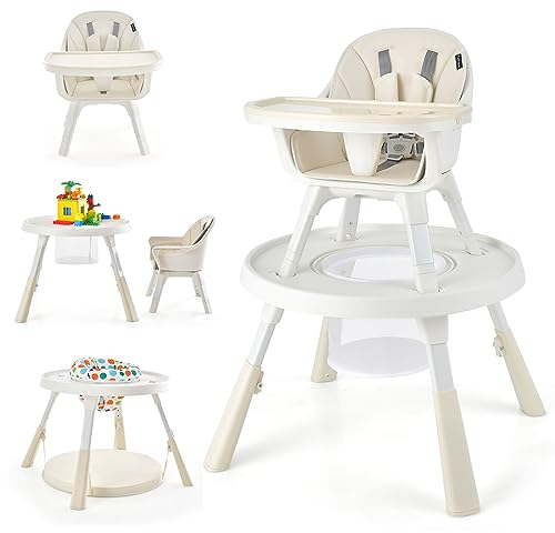 LIFEZEAL 5 in 1 Hochstuhl Baby, Höhenverstellbarer Kinderhochstuhl mit Abnehmbarem Tablett & Aufbewahrungstasche, Babystuhl mit Spieltisch, Multifunktionaler Kombihochstuhl ab 4 Monaten (Beige)