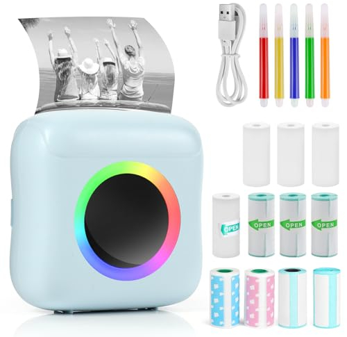 Mini Stampante Fotografica, Mini Stampante Termica, Stampante Fotografica Istantanea Portatile con LED colorati, Mini Stampante Termica Bluetooth con Ricarica USB Stampante, per Note, Elenco, Memo