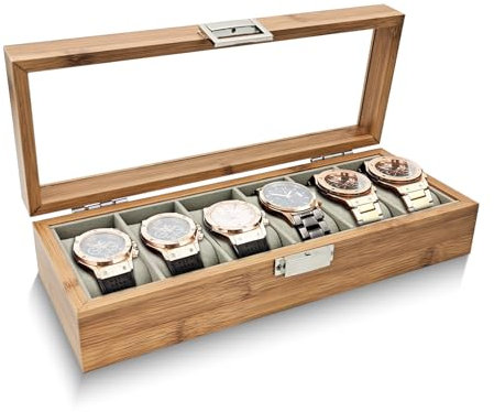 WisePoint Uhrenbox mit 6 Fächern, Holz-Uhrengehäuse, Uhren-Aufbewahrungs-Organizer mit abnehmbaren Kissen, Retro-Uhren-Display-Aufbewahrungsbox, Uhrenvitrine mit Glasdeckel für Uhren (6 Fächer)