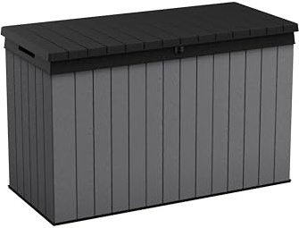 Koll Living Auflagenbox/Kissenbox Darwin l 100% Wasserdicht l mit Belüftung dadurch kein übler Geruch/Schimmel l Moderne Holzoptik l Deckel belastbar bis 300 KG (2 Personen) (Graphit, 662 Liter)