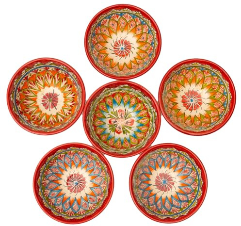 PODARI 6 Keramikschalen 600 ml Kosa Ø 15,5 cm Rot Muster - Traditionelle Usbekische Keramikschüsseln mit handbemaltem Design | Salatschüsseln | Schale Bunt Keramik