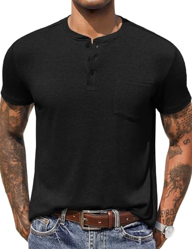 COOFANDY Men's Henley Shirts Short Sleeve Button T Shirt Casual Summer Basic Tee Tops with Pocket Black