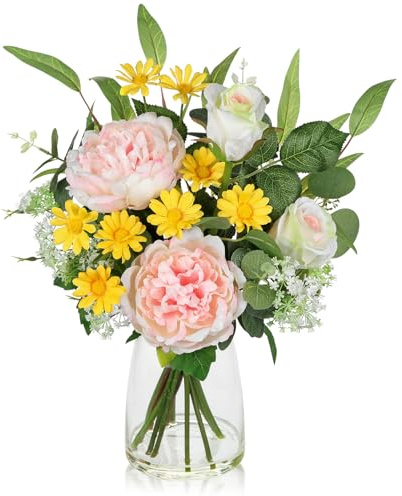 Arborus Artificial Flowers with Glass Vase 40cm Mixed Artificial White Rose Pink Peony Yellow Daisy and Greenery Floral Arrangements Fake Silk Flowers for Table Centrepiece Home Kitchen Decor