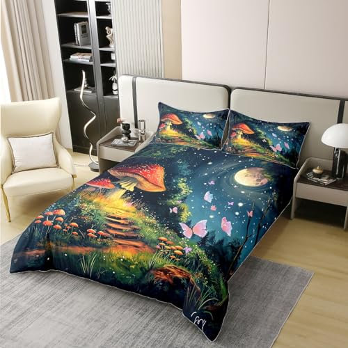 richhome Wild Pilz 100% Bio-Baumwolle Tröster Bezug Rustikale Bauernhaus Bettbezug Set 200x200 Größe für Schlafzimmer Moon Boho Stil Blumen Garten Pflanzen Bettwäsche Set mit 2 Kissenbezügen