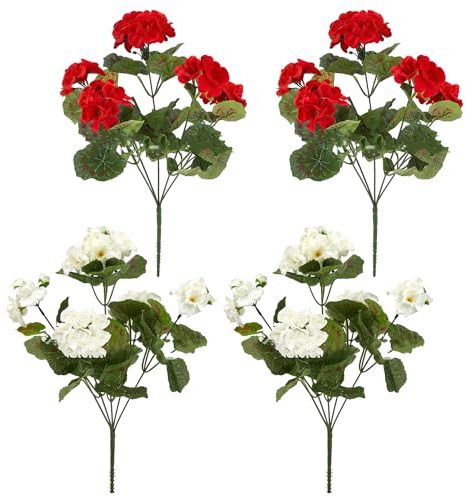 FOERPL 4 gerani artificiali da 35,6 cm, fiori finti in seta rossa e bianca, resistenti ai raggi UV, per piante da giardino, cespuglio, decorazione per la casa
