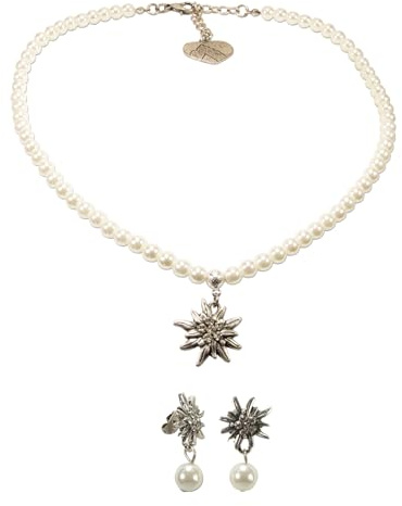 Alpenflüstern Trachtenschmuck-Set Perlen-Trachtenkette und Trachten-Ohrstecker Strass-Edelweiss - Damen Trachten-Schmuck Trachtenset Dirndl-Kette und Trachten-Ohrringe (creme-weiß) SET056