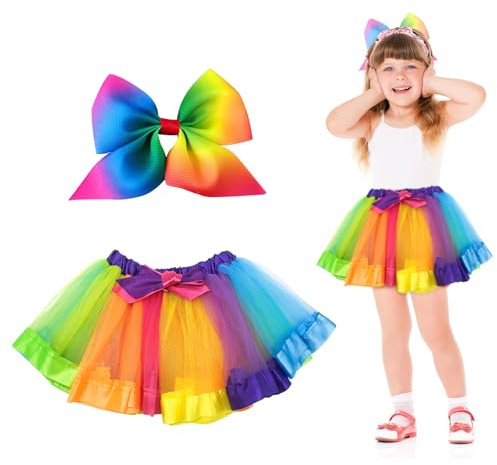 EUPSIIU 2 Stück Tütü Minirock Tüllrock Kinder, Mädchen Röcke Tutu, Regenbogen Getäfeltes Tütü, Prinzessin Tüllrock Schleife Haarspangen Set, für Karneval Geburtstag Halloween Party (Bunt)
