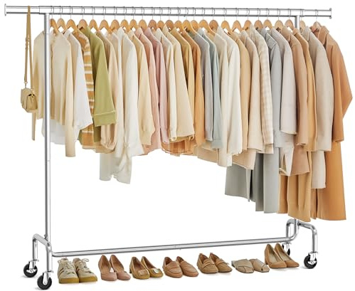 SONGMICS Clothes Rack with Wheels, Heavy-Duty Garment Rack with Extendable Hanging Rod, 243 lb Load Capacity, 17.7 x (63-78.7) x 64.1 Inches, Chrome-Plated, Silver UHSR176E01