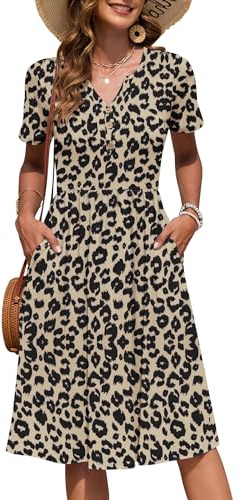 AUSELILY Vestido Verano Manga Corta Mujer Largo hasta La Rodilla Estilo Imperio Informal con Cuello en V Plisado y Bolsillos