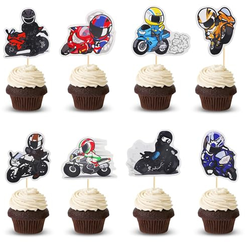 Arthsdite 24Pcs Motorcycle Cupcake Toppers, Pocket Bike Cupcake Toppers Motorcycle Rider Racing Sport Theme Decor Supplies Boy Man Happy Birthday Party Decorations