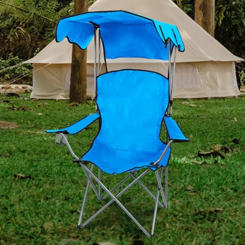 toxaaiwr Folding Camp Chair with Canopy Shade,Camping Shade Chair with Cup Holder，Umbrella Support，Portable Beach Chairs for Outdoor Fishing Picnic Garden Hiking Beach Blue
