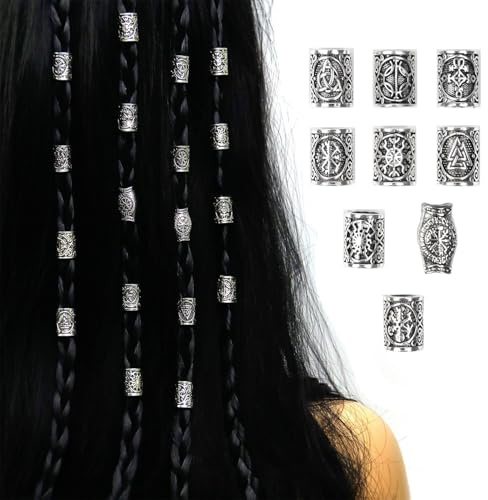 Srvauyea 9 Pièces Perles Barbe Viking, Perles de Barbe Cheveux Viking, Bijoux de Cheveux Viking en Perles, Perles de Rune Viking pour DIY Accessoires Cheveux Tresses Décoration Hommes Femmes