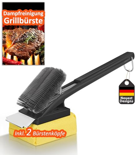 Grillbürste mit Dampfreinigung Kopf, Grill Bürste mit Edelstahl Brushborsten, Edelstahl Spatel und Extra Langer Wärmedämmung Griff, für Alle Grill | Schwarz