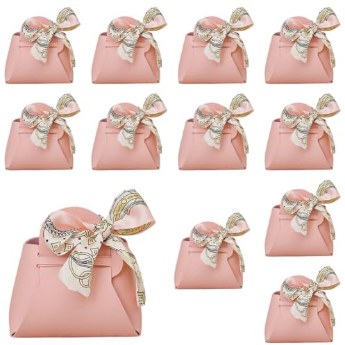 CALFOVERA 12 paquete de Pequeñas Cajas de Regalo para Fiestas, Bolsas Reutilizables de Piel Sintética para Envolver Dulces, con Asa, Cinta Rosa, Minibolsos de Mano para Bodas, Regalos para Invitados
