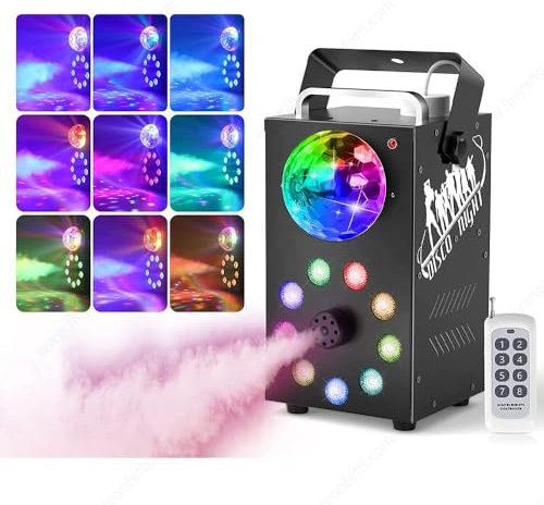 Máquina de Niebla 700W Mini máquina de Humo, 9 Luces LED Coloridas Efecto de Luces LED de Control Remoto inalámbrico y Modo de Bola de Disco portátil de Modo automático, para Fiestas, al Aire Libre