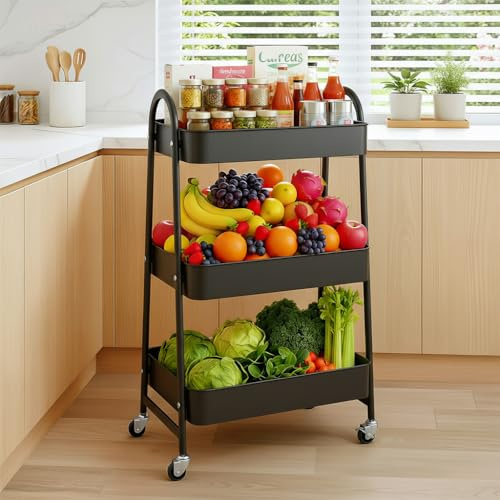 OrderlyGo Chariot de Rangement en métal à 3 étages avec Roues, Chariot de Cuisine, Support à légumes, Chariot Utilitaire, étagère Mobile pour Cuisine, Salle de Bain, Bureau Noir