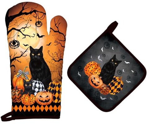 Arquiel Halloween Schwarze Katze Ofenhandschuh & Topflappen 2er-Set | Baumwoll-Küchenset mit Halloween Schwarze Katze-Motiv, hitzebeständig und praktisch zum Kochen, Backen und Grillen.