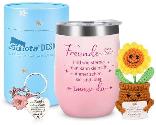 Giftota Beste Freundin Geschenke - 330ml Thermobecher, Geschenk für Beste Freundin Geburtstag, Personalisierte Geschenk für Herzensfreundin, Freundschaftsgeschenk Mit Strickpuppe Schlüsselanhänger
