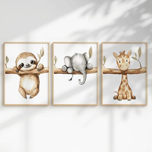 Generiskt set med 3 djungelaffischer för babyrum A4 A3 – bilder safaridjur: Elefant sengångare, flodhäst, giraff, lejon, zebra, panda för barnrum (safari sengångare, DIN A3, utan inramad)
