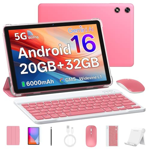 Android 16 Tablet 10 inch Tablet with Keyboard 20GB RAM 1TB Expandable, 1280x800 HD Screen, Dual Camera, 6000mAh Battery, WiFi 6, BT 5.4, Widevine L1, 2 in 1 Tablets with Keyboard Mouse Stylus (Pink)