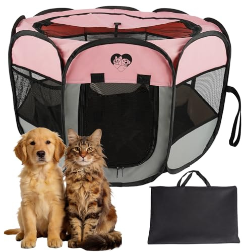 PURRLIA Dog Cat Playpen，Pet Cage - Indoor Outdoor, Portable Foldable Pop Up, Removable Zipper Top，Fits Dogs, Cats, Rabbits(Pink,S)