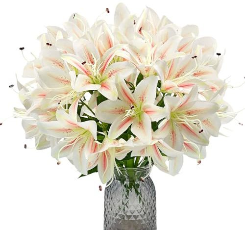 Daily Treasures 2Pack Artificial Lily Flowers, Faux Tiger Lily Bouquets with 10 Heads per Stem (2 Stems, 20 Heads Total), Pink White Blooms, 17.7in Silk Lilies for Home Hotel Decor