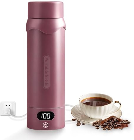 Elektrischer Reisewasserkocher mit 4 Temperaturstufen, 450ml Mini Wasserkocher aus 304 Edelstahl & Vakuum-Isolierung, Reise Wasserkocher Klein mit automatischer Abschaltung, für Tee, Kaffee, Rosen rot