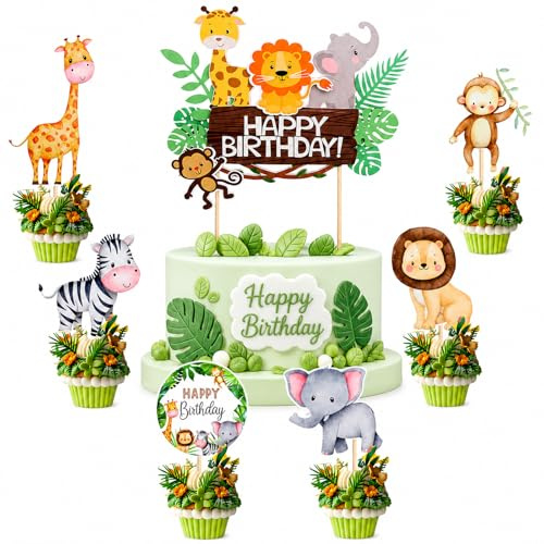 Bolosa 25Pcs Jungle Animal Cake Toppers, Safari Cake Decorations with Happy Birthday Cake Topper & 24 Cupcake Toppers, Animal Birthday Party Decorations for Cakes, Cupcakes & Dessert Table