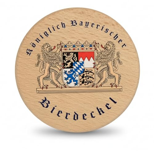 Kaltner Präsente niglich Bayerischer Bierdeckel aus Buchenholz Insektenschutz für Bierkrug Weizenglas Weinglas Tasse Deckel gegen Wespen Fliegen Getränkeabdeckung Holz mit Wappen Löwe