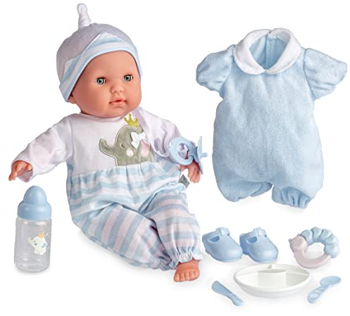 JC TOYS- Muñeco Berenguer Boutique de Cuerpo Blando de 38 cm, Abre y Cierra los Ojos, Incluye Ropa y 8 Accesorios, Azul, diseñado en España por Berenguer, +2 años