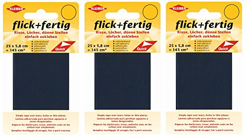 Flick + Fertig 3 Stück Kleiber je 145 Quadratzentimeter Klebe-Flicken Selbstklebendes Reparaturband aus Nylon (Blau)
