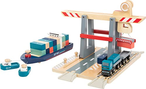 Small Foot Company- Terminal, Madera, con Puente móvil, Barco y contenedores, a Partir de 3 años de Edad Juguetes, Multicolor (11378)