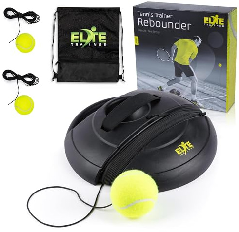 Elite Trainer Tennis Rebound Ball Set | Kraftig powerbas, ingen fyllning krävs | Tre tennisbollar, långt elastiskt rep och dragskoväska | Premium solo-träningsutrustning för alla färdighetsnivåer