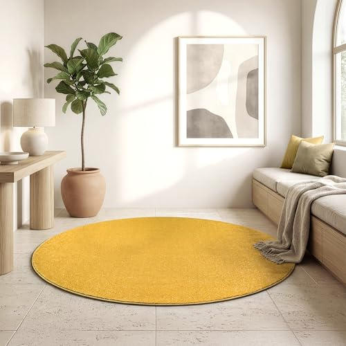 SANAT Kurzflor Teppich Wohnzimmer - Uni Modern Teppiche fürs Schlafzimmer, Arbeitszimmer, Büro, Flur, Kinderzimmer und Küche - Gelb, 150 cm Rund