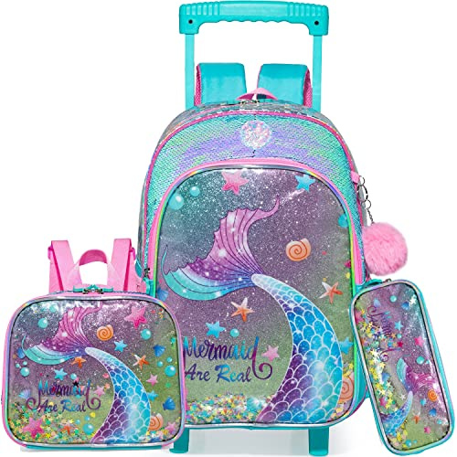 Meetbelify Mochilas infantiles con ruedas para primaria Kindergarten Roller Backpack on Wheels with Lunch Box Estuche para lápices para niñas