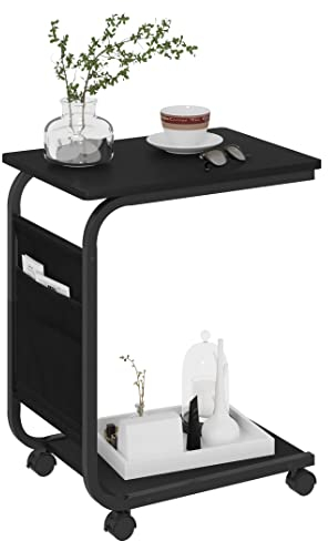 WOLTU Beistelltisch, Couchtisch mit 2 Ablagen 1 Seitentasche, Sofatisch mit Stauraum, Wohnzimmertisch C-Form, auf Rollen, für Bett Sofa, aus Holzwerkstoff Metall, 50x62x35 cm, Schwarz, BTS04sz