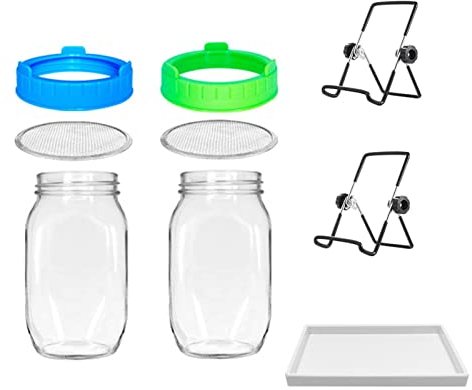 LOSOO Sprossenglas Keimglas 2er Set - Große Weithalsgläser Mit Siebsprossendeckeln, Tablett, Edelstahlständer, Samenkeimset Zur Saatgut-Anzucht Drinnen