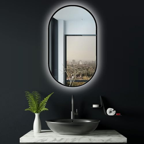 ApeJoy 75x45cm Badspiegel mit Beleuchtung Oval Schwarz Metall, Badezimmer Ovaler Spiegel mit Licht, mit Touch-Schalter, Memory Funktion, LED Licht Weschel 2700-6500K Warmweiß-Kaltweiß-Neutral