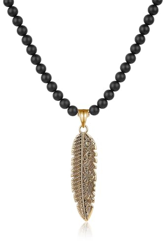 GAVU Herren Perlenkette mit matten Onyx und Feder Anhänger Gold