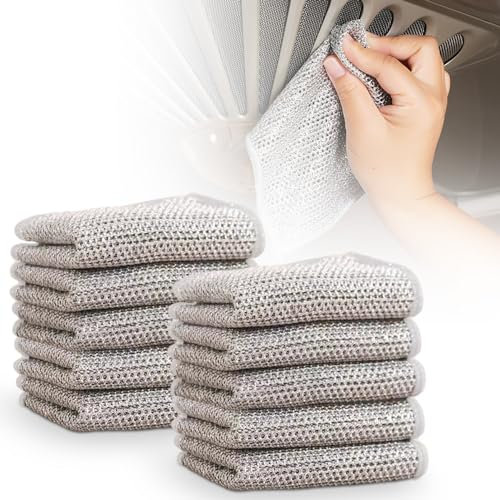 Cecurpo Multipurpose Wire Dishwashing Rags, New Silver Stainless Steel Dishwashing Cloth for Wet and Dry, Reusable Premium Metal Scrubbing Pads Sponge Clean Tool for Home Kitchen (10)